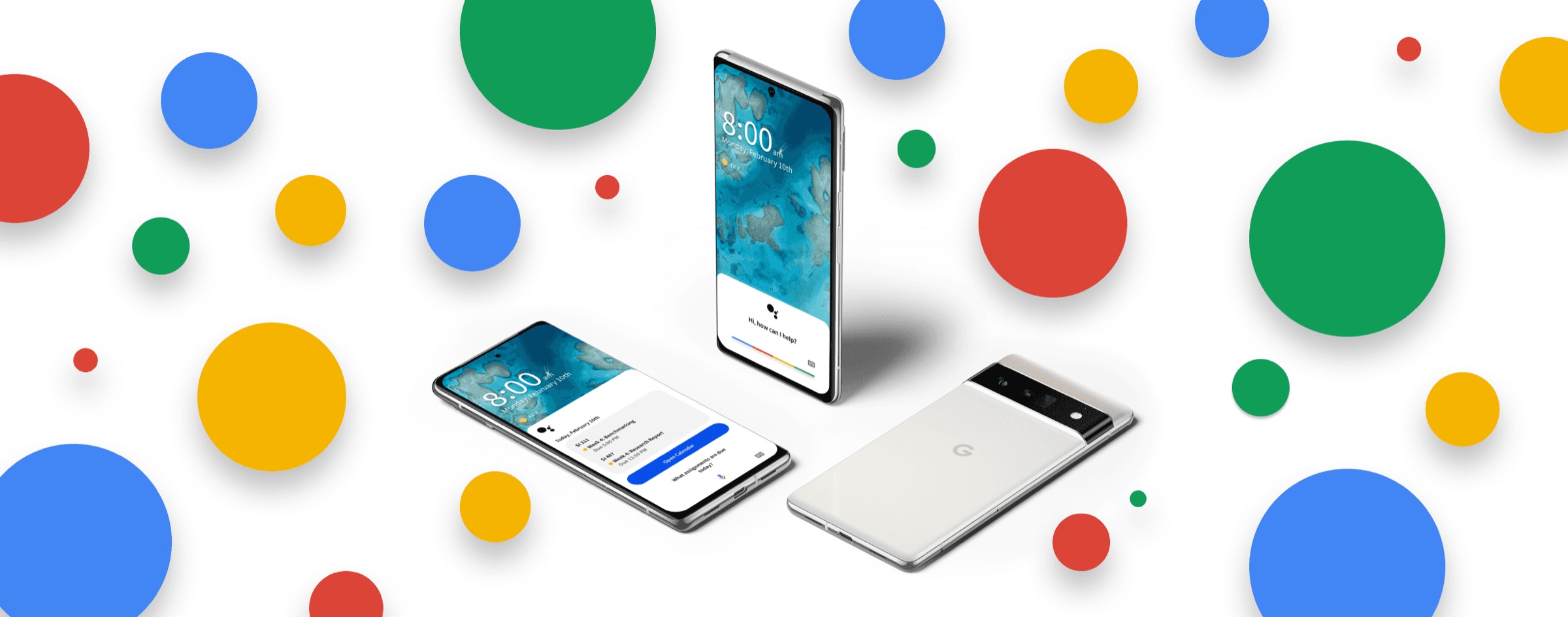 Google Pixel phones showing Google Assistant screens surrounded by colorful Google-brand dots