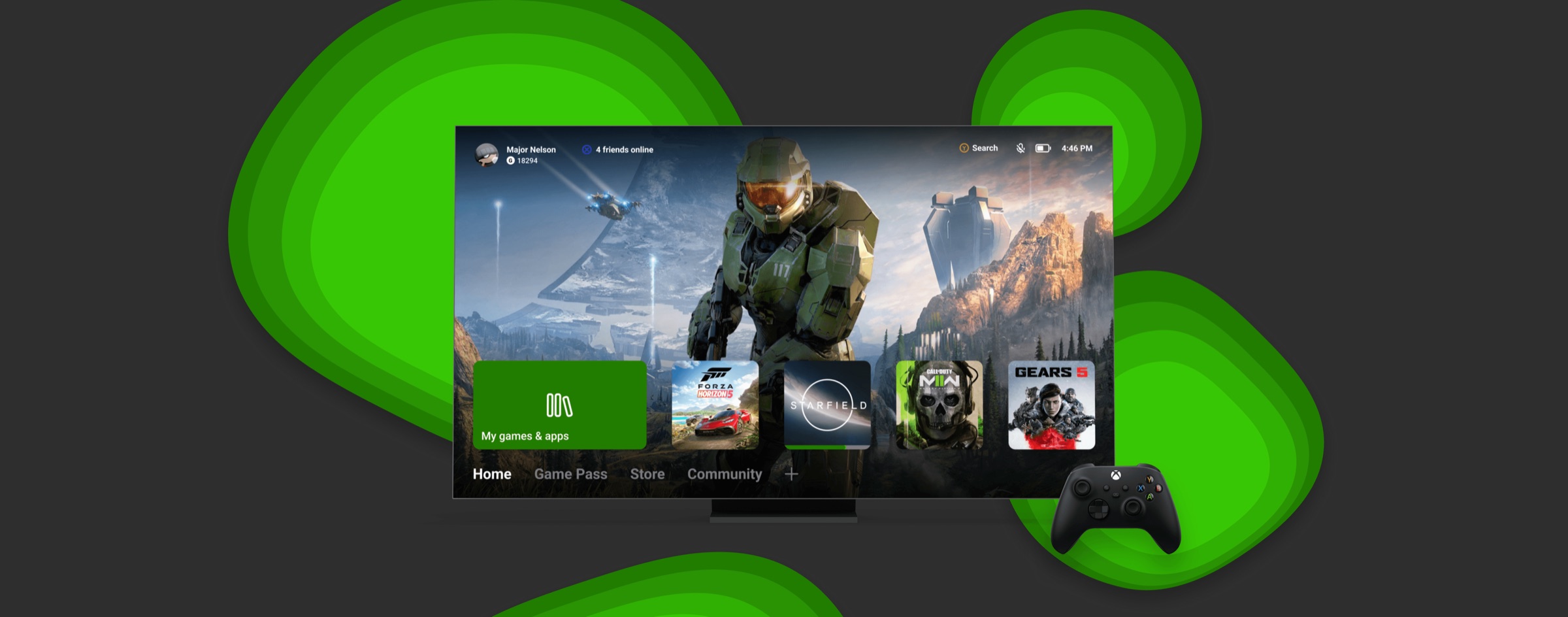Redesigned Xbox dashboard concept showing a cleaner home screen with visible background art
